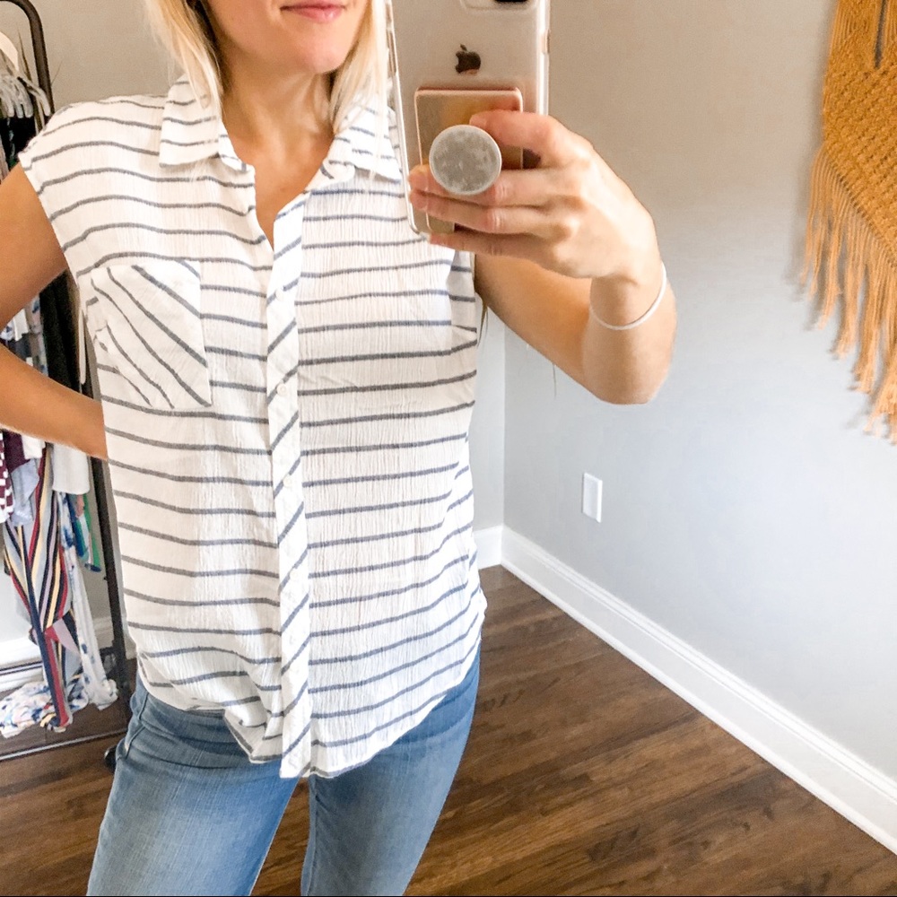 Merona Striped Cap Sleeve Shirt Top White/Gray S - Picture 4 of 11